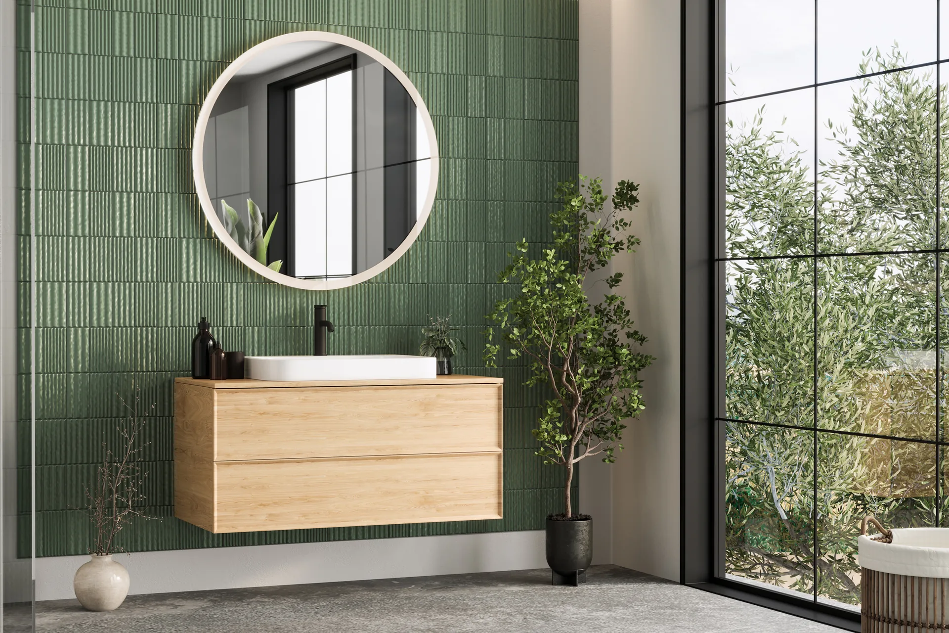 Green fluted tiles behind an oak vanity
