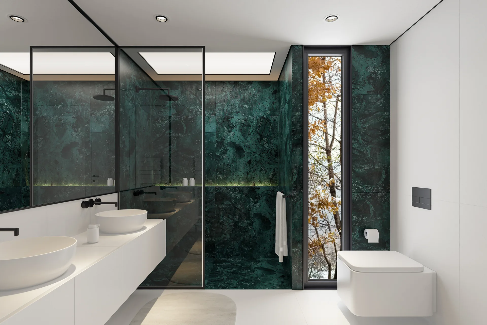 Green marble wet room with walk-in shower