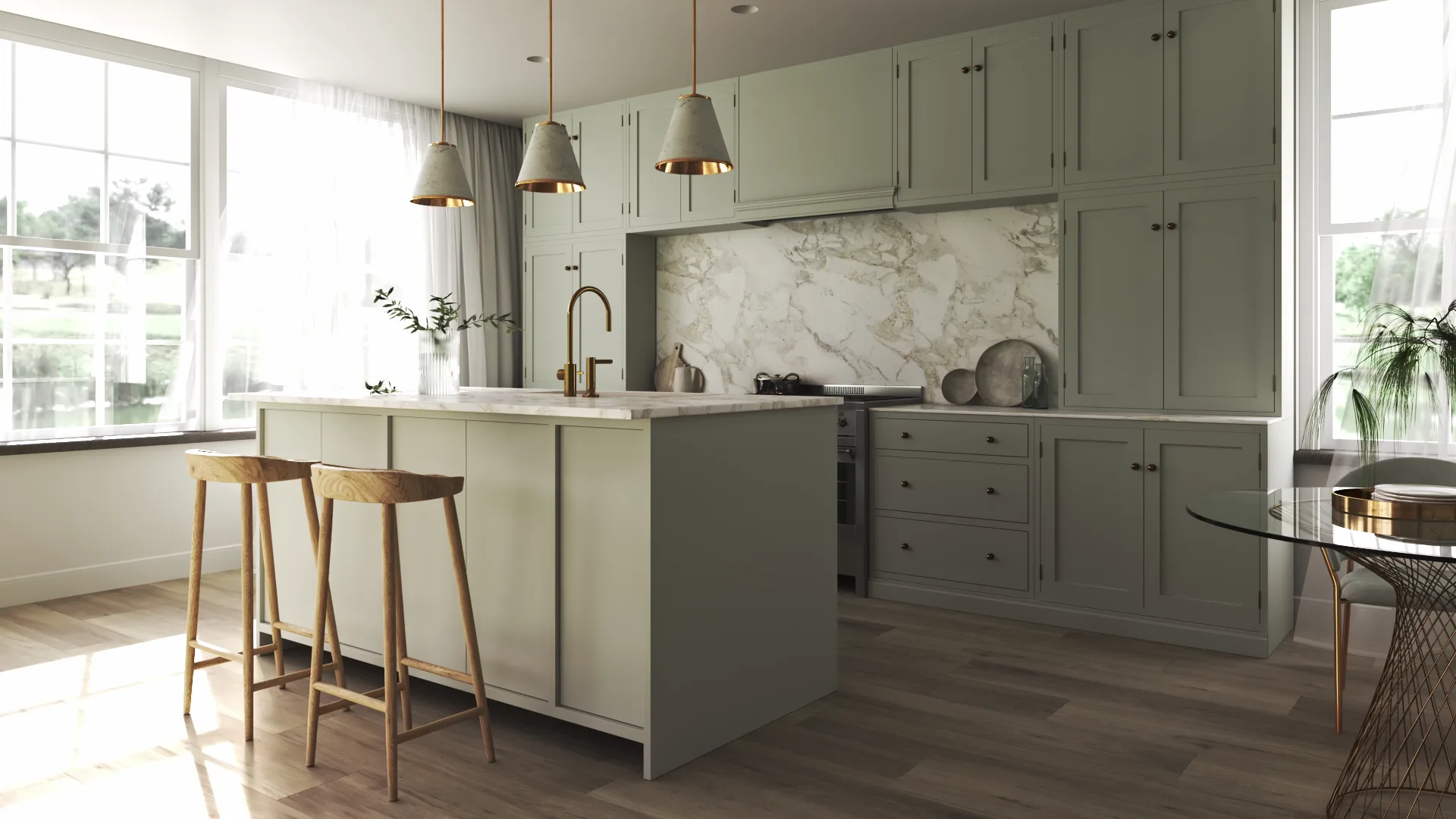 Sage shaker kitchen with marble splashback