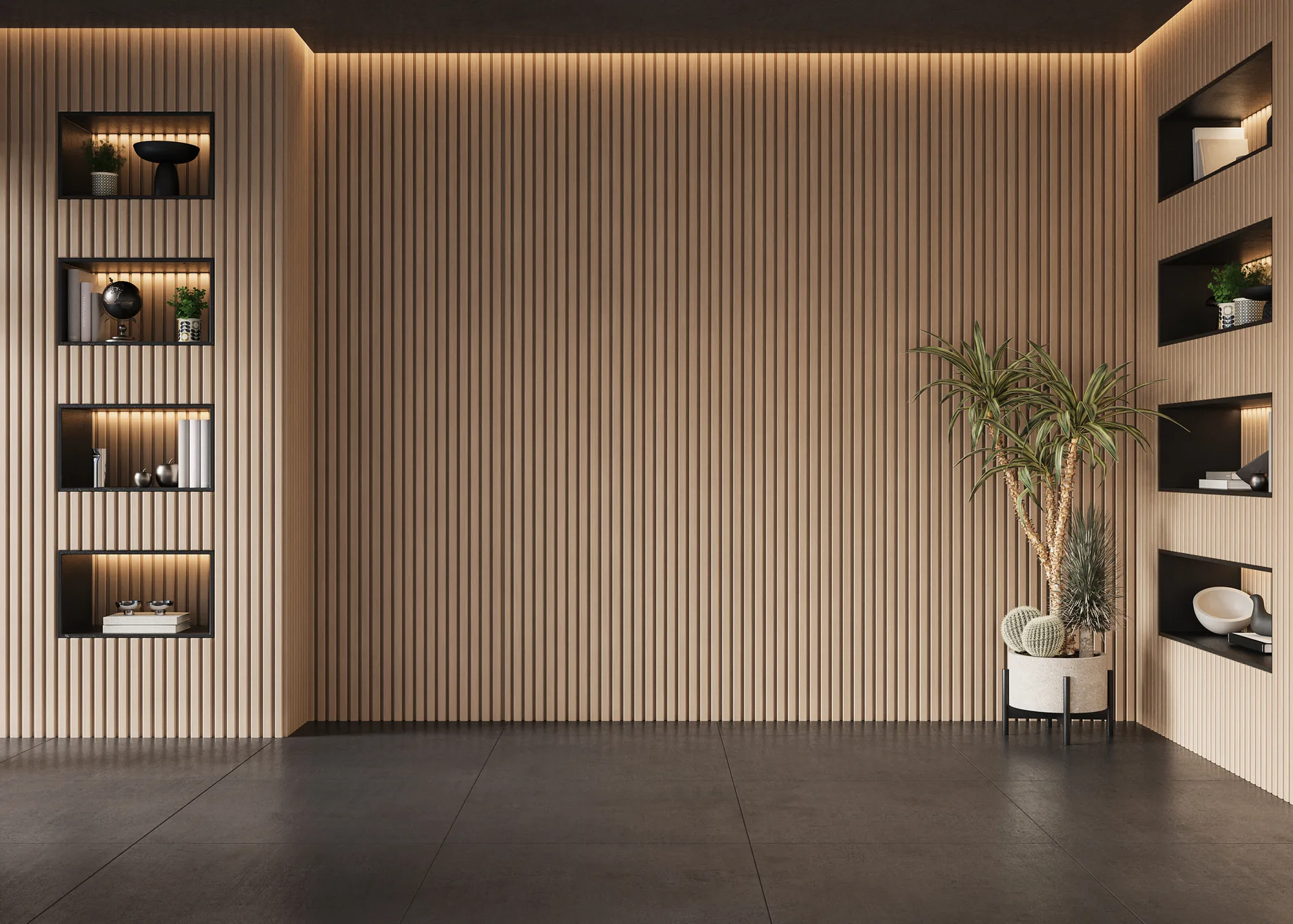 Slat panel wall with lit display niches
